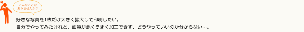 こんなことはありませんか？
        好きな写真を1枚だけ大きく拡大して印刷したい。
        自分でやってみたけれど、画質が悪くうまく加工できず、どうやっていいのか分からない…。